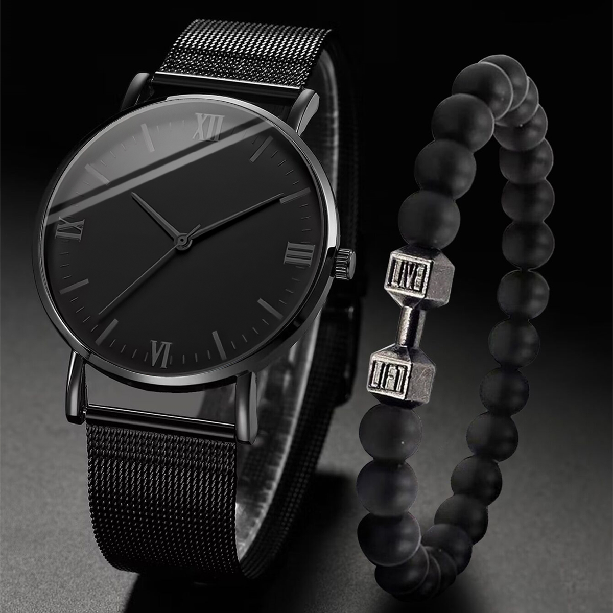 Stainless Mesh Band - 2PCS Men's Watch Fashion Roma Quartz